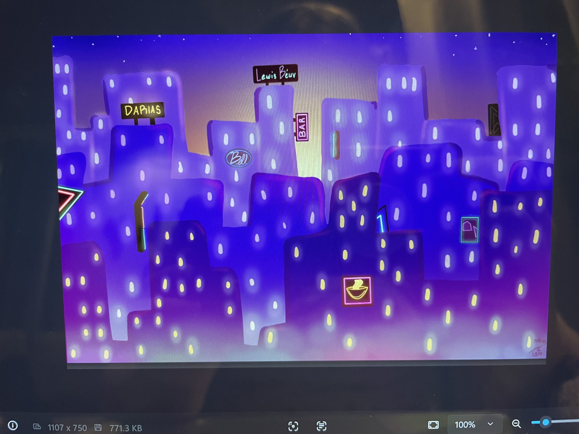 Digital illustration of a purple night cityscape with lit windows and shop signs