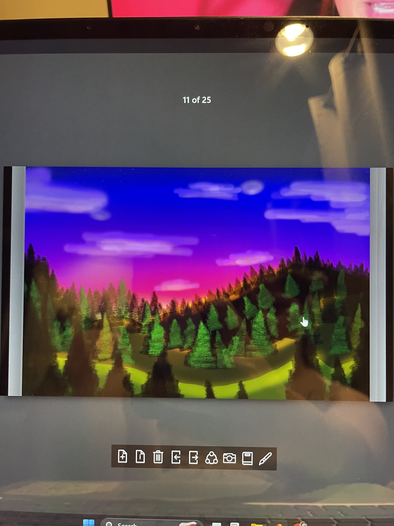 Digital illustration of a pine forest under a purple and pink sunset sky
