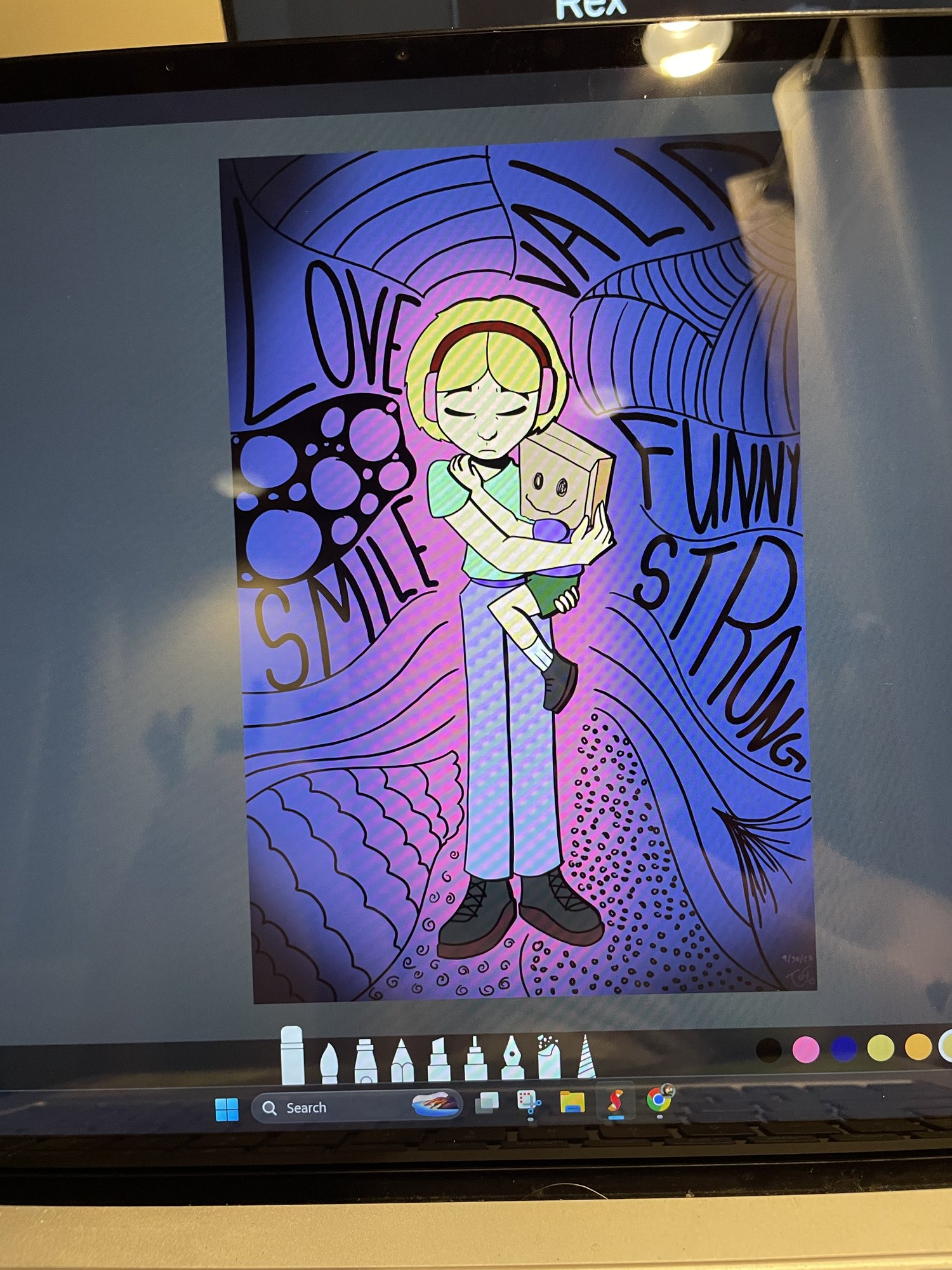 Digital illustration of a figure holding a book, surrounded by hand-lettered words: love, all, smile, funny, strong