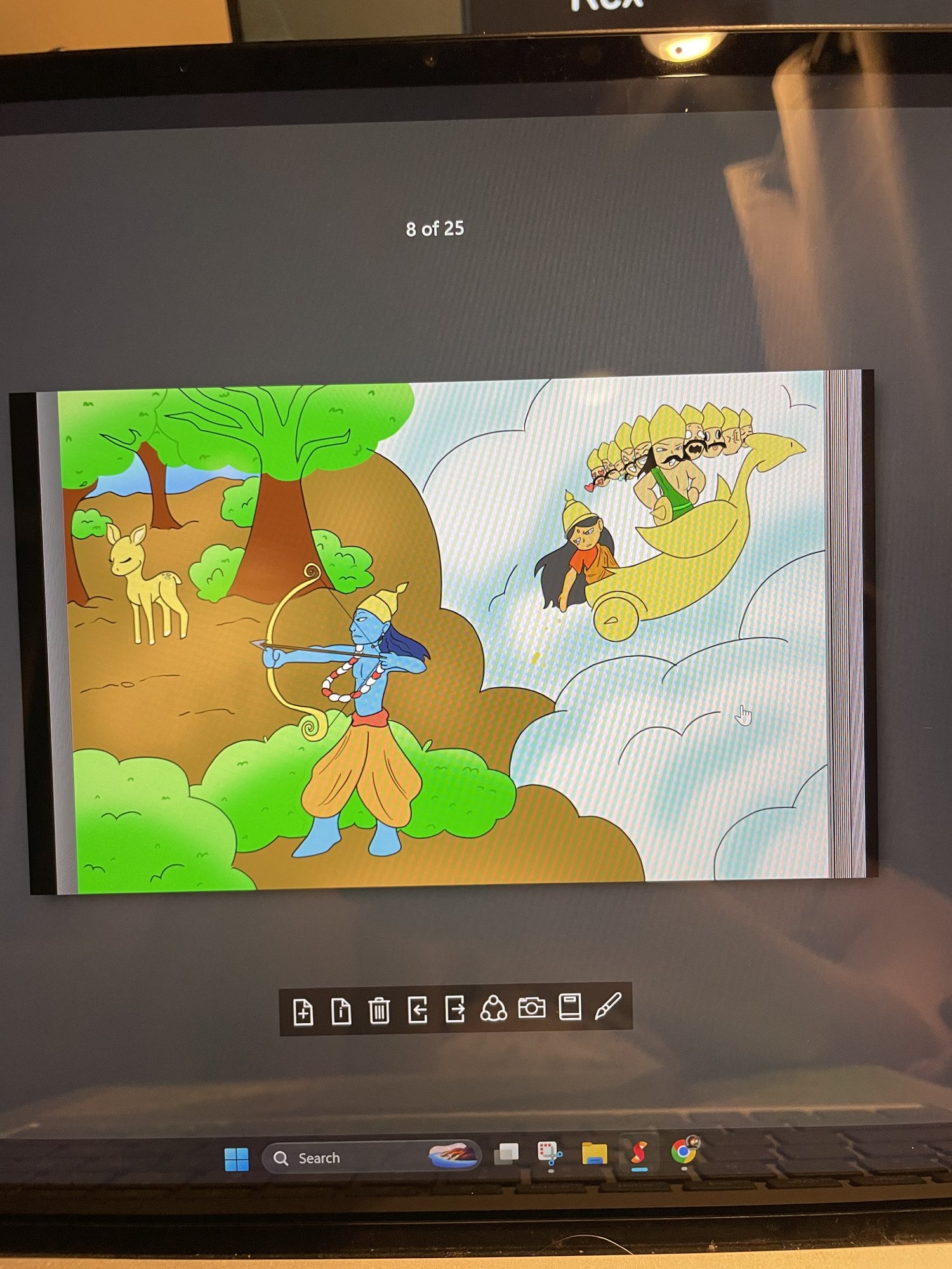 Digital storybook-style illustration with animals, a tree and a figure riding a banana through the clouds
