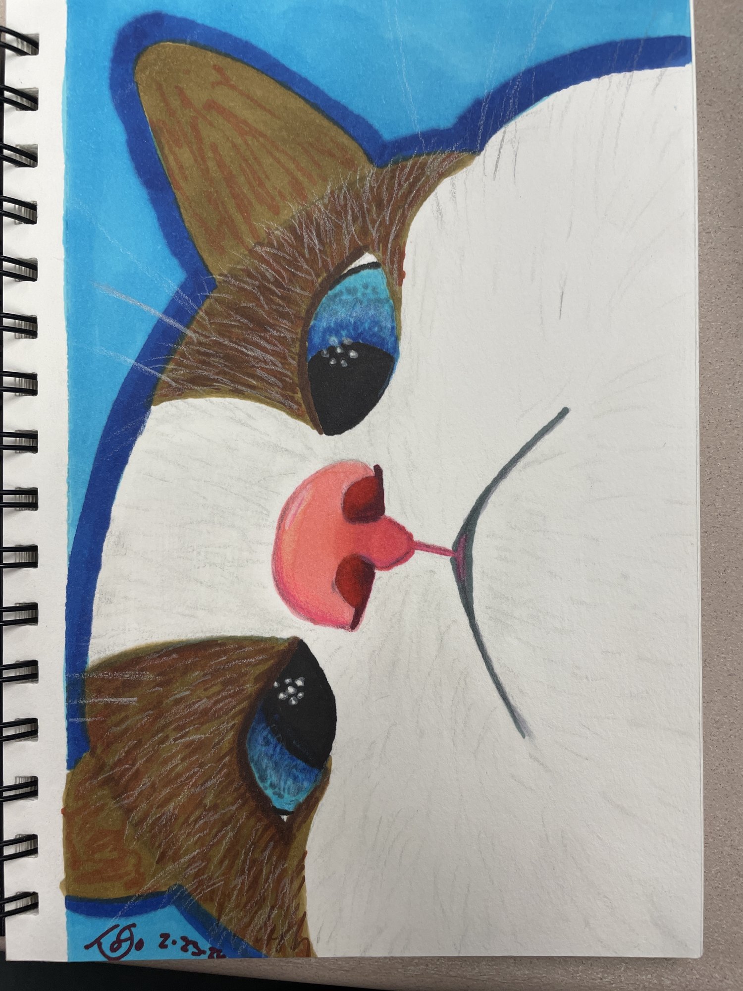 Painted close-up of a cat's face in brown, blue and cream