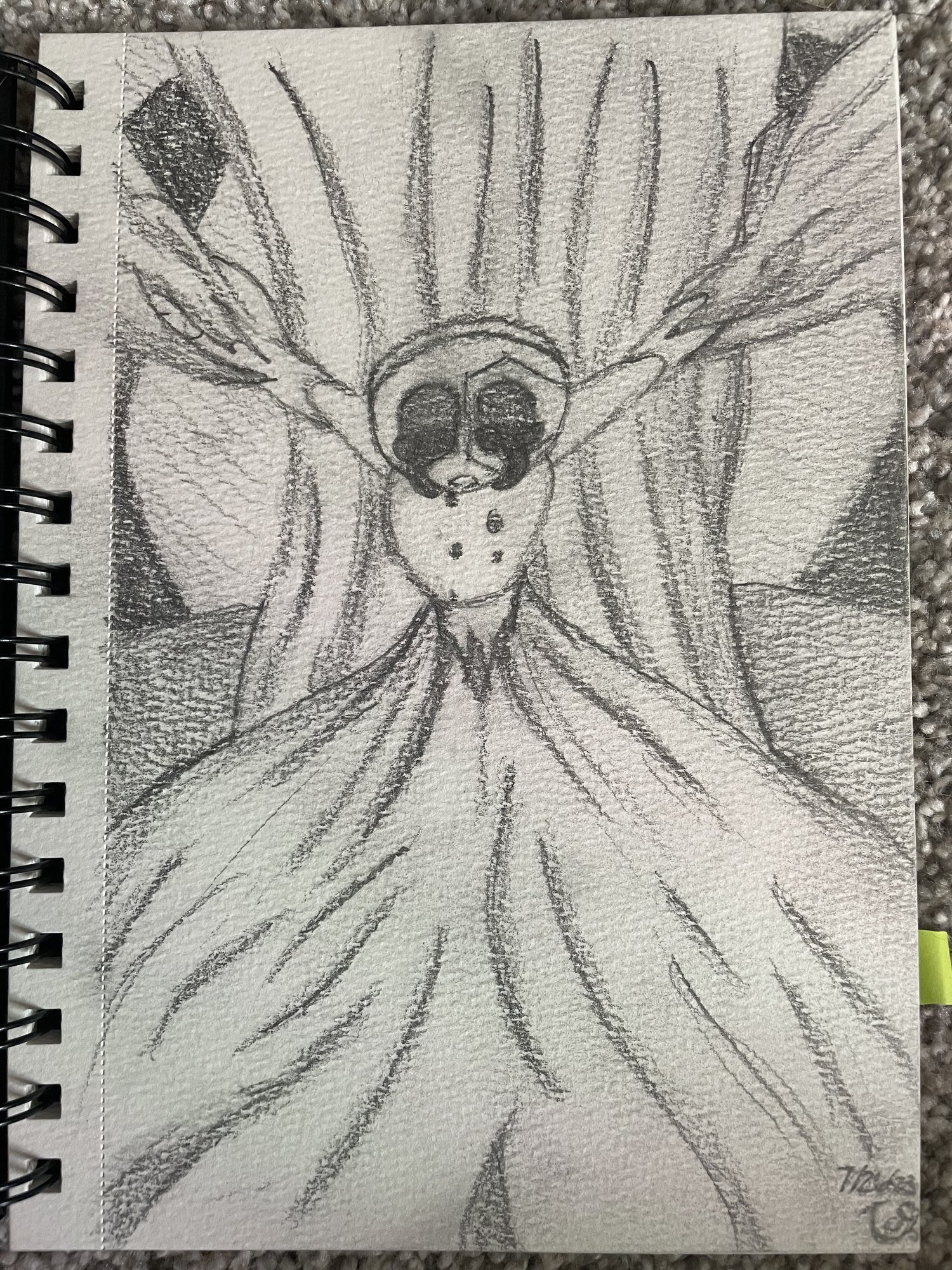 Pencil drawing of a figure with hands raised and hair radiating outward