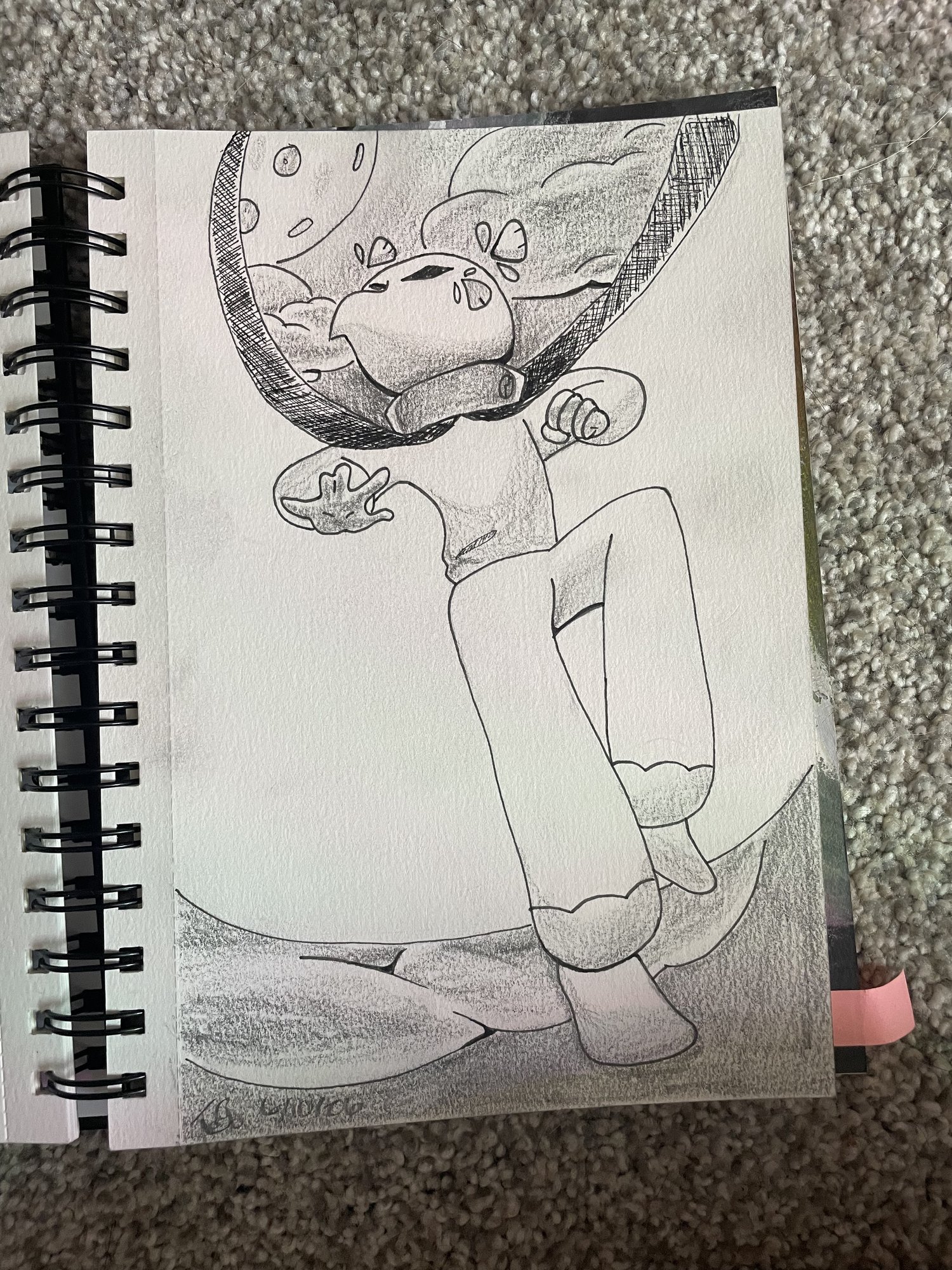 Pencil drawing of a seated figure with a crescent moon and flowers