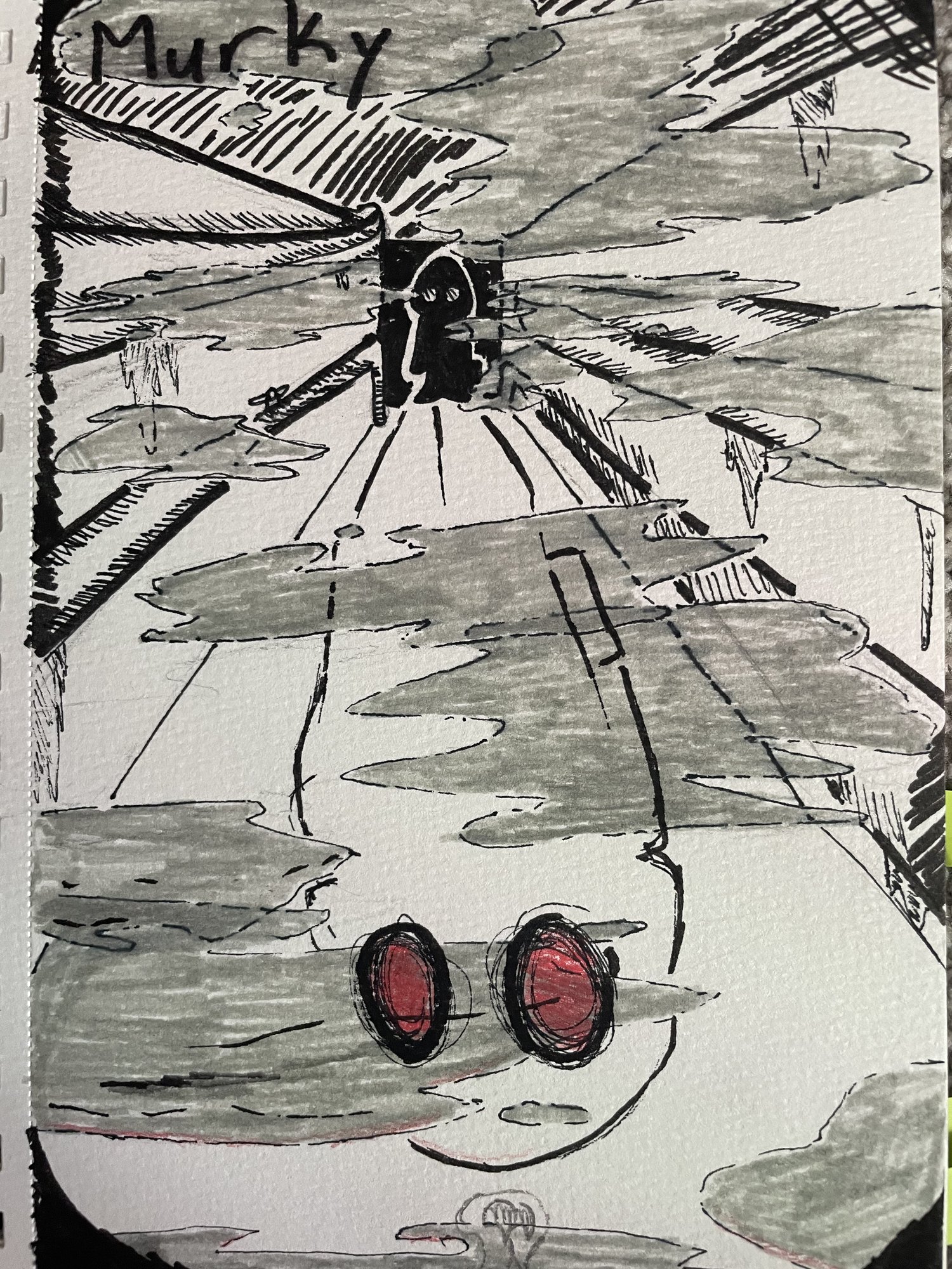 Ink drawing titled Murky showing a figure at the end of a rain-streaked one-point perspective street
