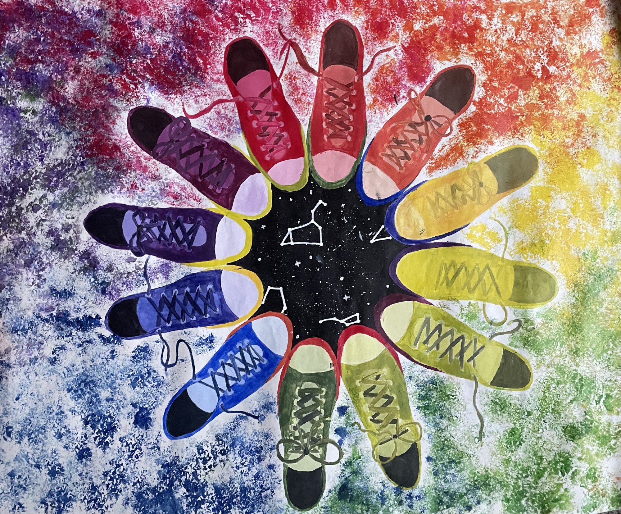 Colour study of sneakers arranged in a circle around a dark center, surrounded by a textured rainbow background