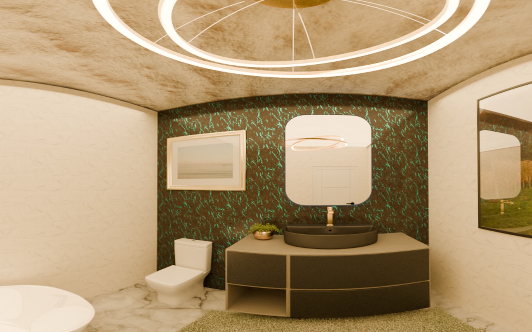 Bathroom with dark green botanical wallpaper, a round mirror and a floating vanity