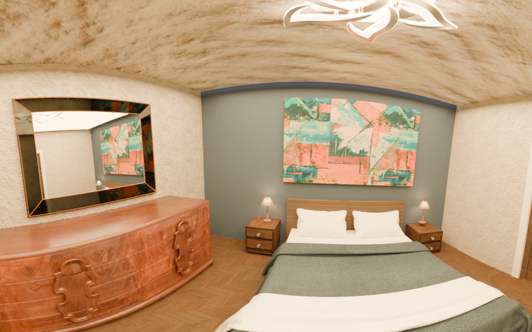 Bedroom with a salmon dresser, muted green bedding and a large landscape painting