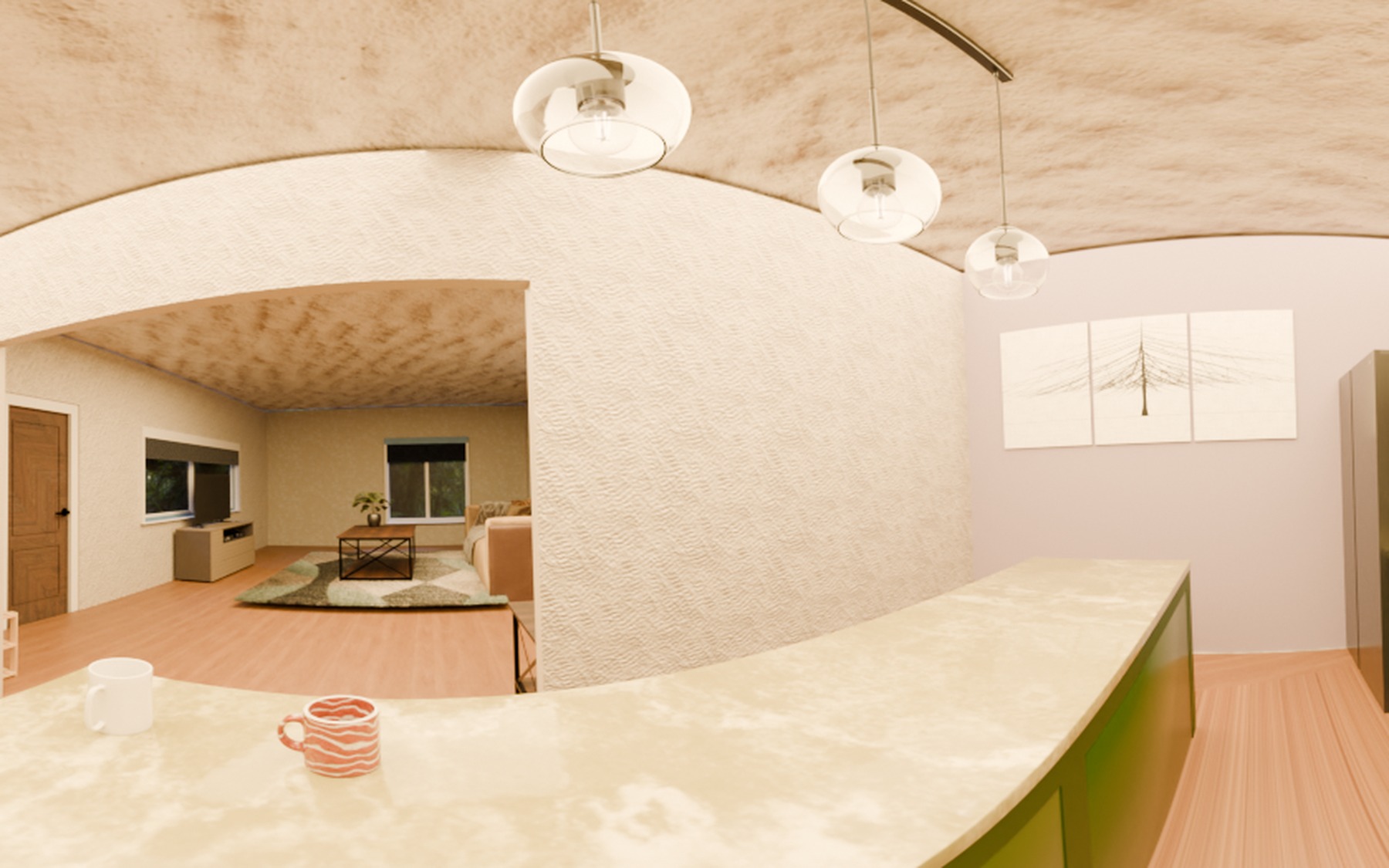 Kitchen with sage green cabinetry and pendant lighting over a curved counter