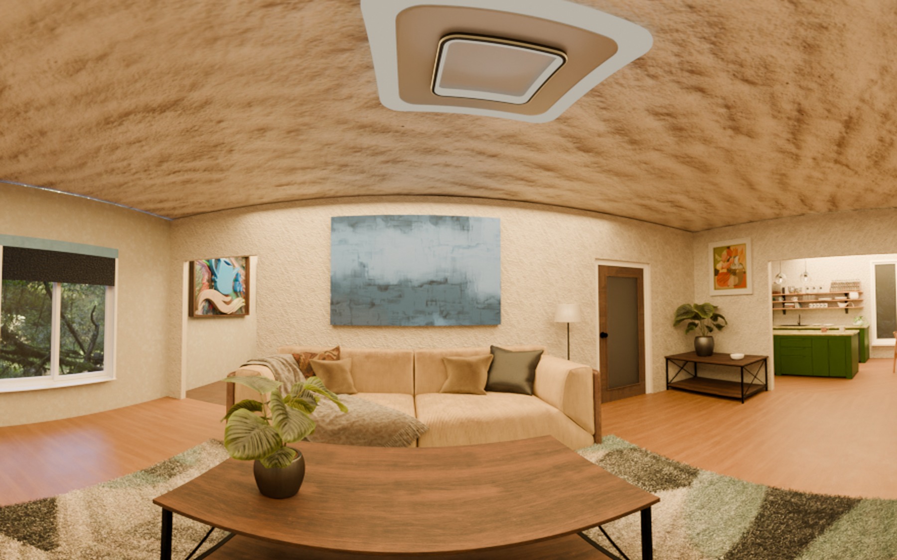Living room render with warm wood floors, a low sofa and a large abstract painting