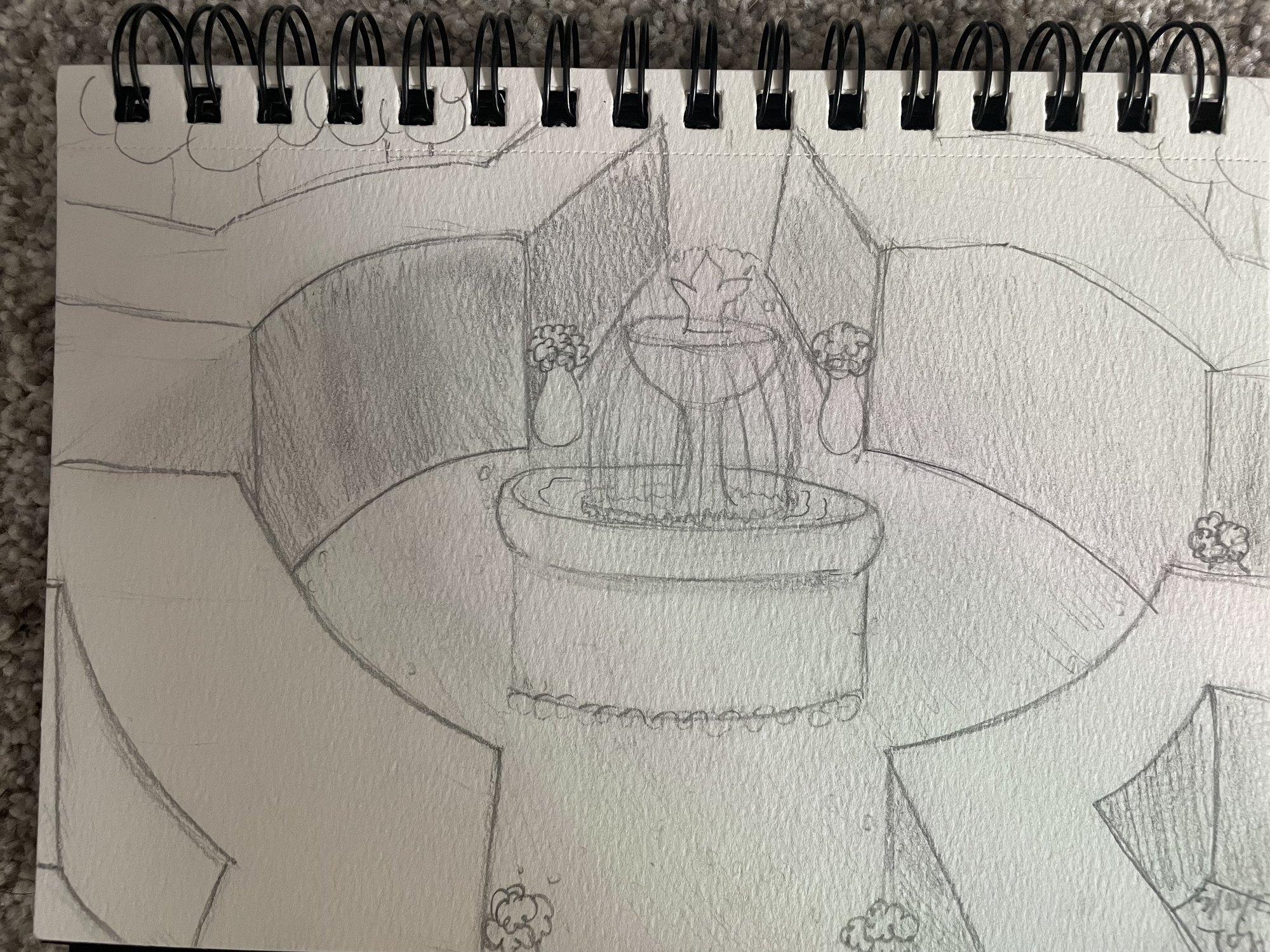 Pencil perspective sketch of the bathroom, showing the vanity and tub placement