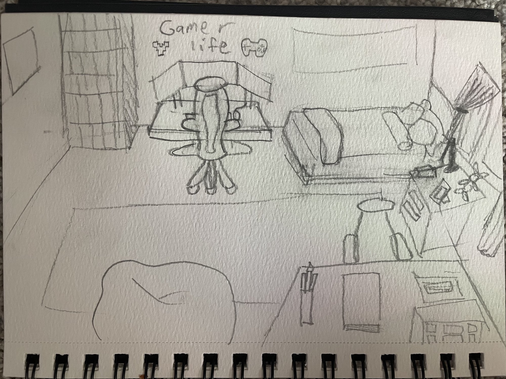 Pencil perspective sketch of a bedroom labelled 'Gamer life', showing desk, bed and shelving