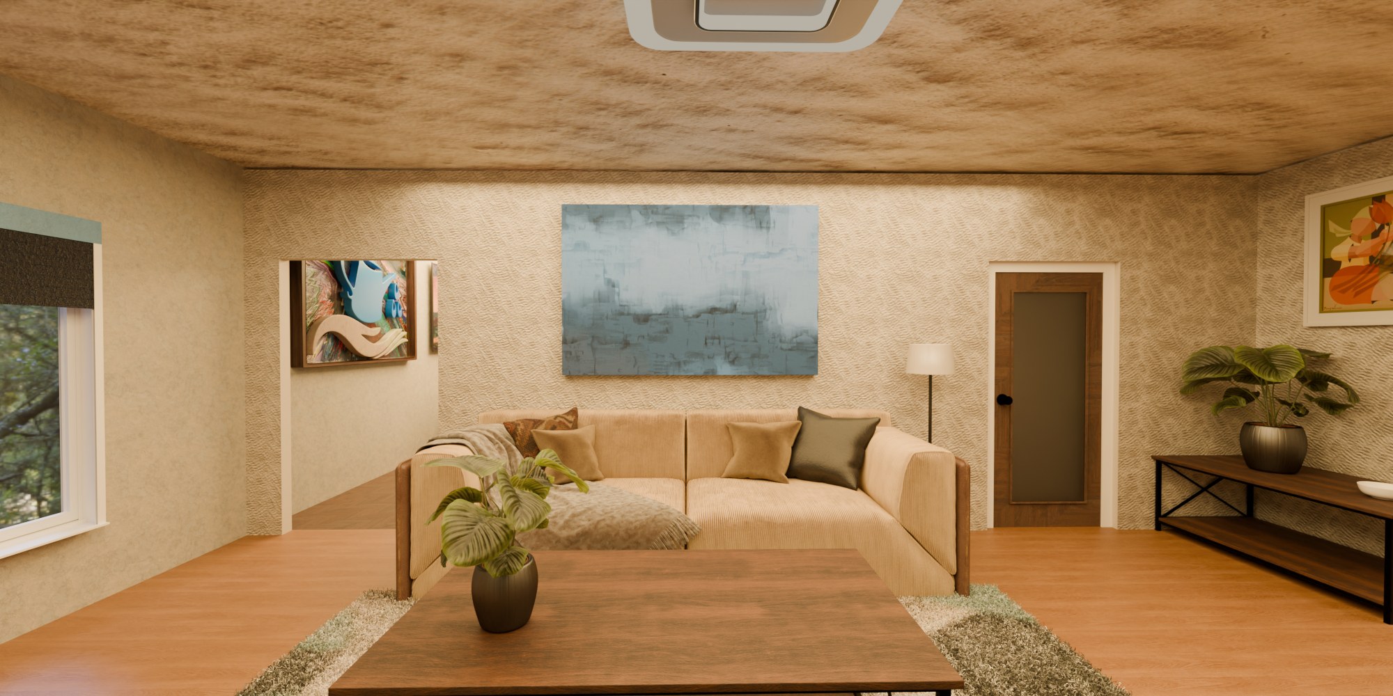 Straight-on living room render with a sectional sofa, coffee table, artwork and doorways to adjoining rooms
