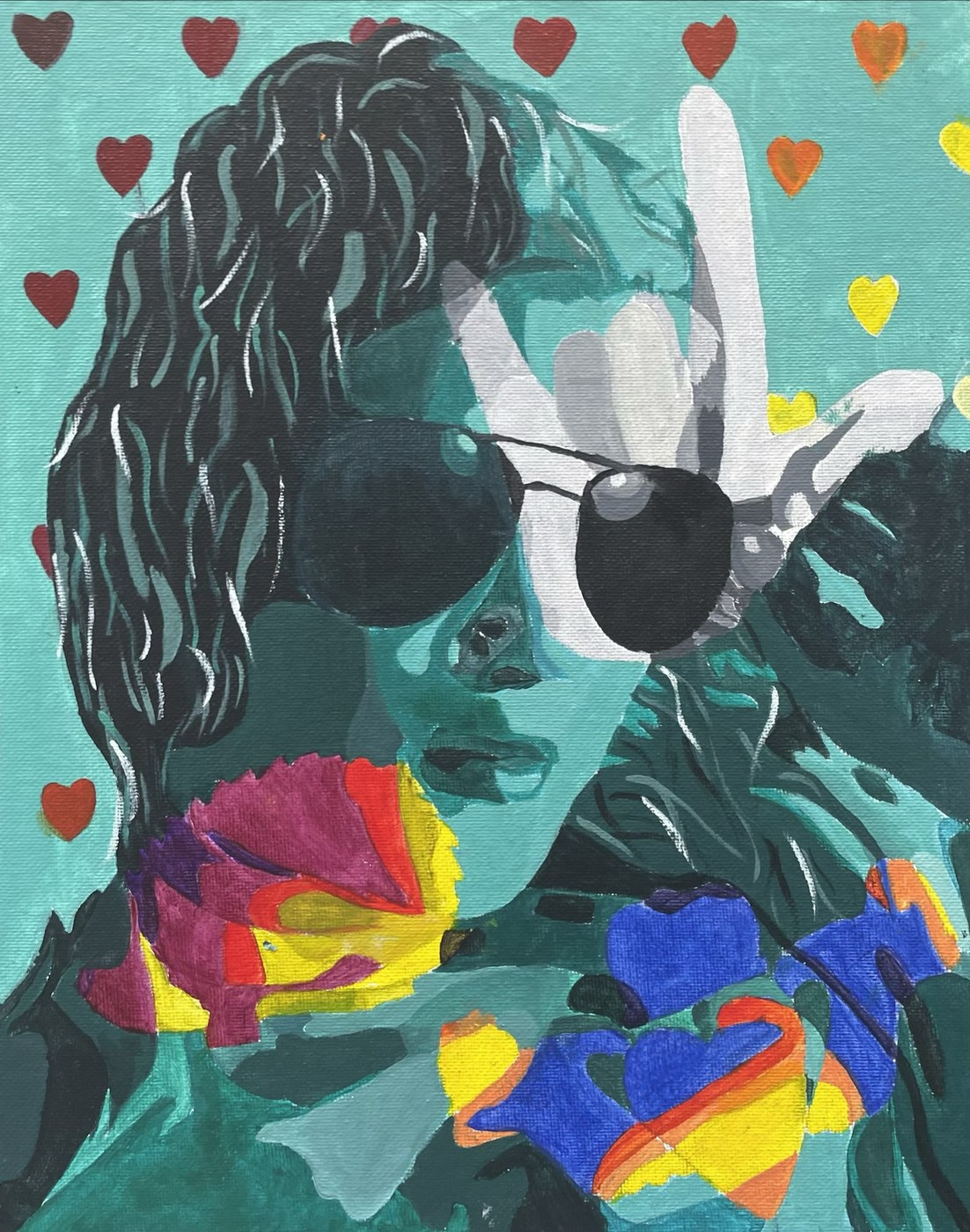 Self-portrait by Annika Olson: acrylic painting of her in dark sunglasses making a hand sign, against a teal background scattered with hearts